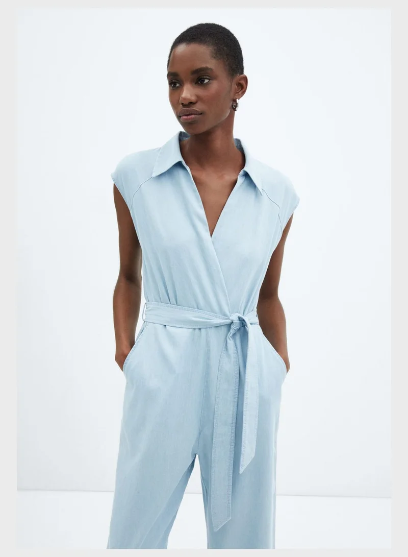 MANGO Belted V-Neck Jumpsuit