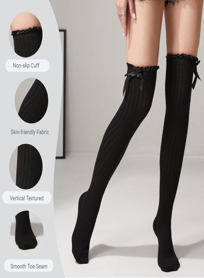 TOCONFFON Women's Girls Thigh High Stockings Over the Knee Socks with Satin Bows(Black,One Size) - Image 3