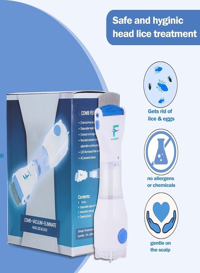 FLUZOV Electric Head Lice Removal Comb - Chemical-Free Nit & Egg Remover Machine - Vacuum Suction Lice Extractor for Kids & Adults - Includes 2 Disposable Capture Filters, White/Blue - Image 2