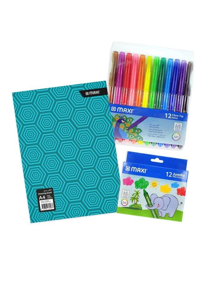 Maxi A4 Drawing Book, Assorted Colours 110Gsm 20Sheets + Felt Pen 12Colors + Jumbo Wax Crayons 12Colours  - Image 1