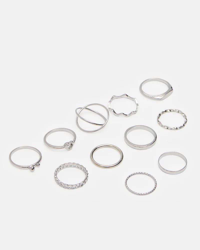 REDTAG Women Silver Embellished 11 Piece Ring Set