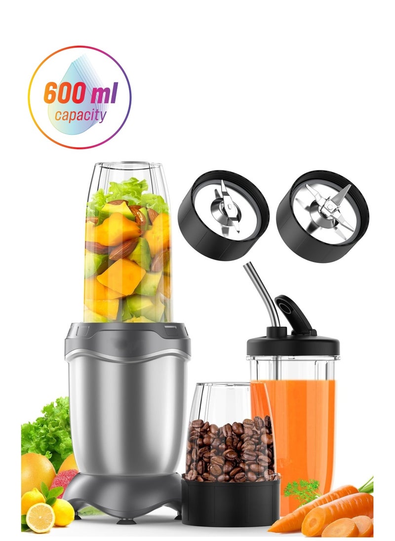 LBMT - خلاط متعدد الوظائف عالي السرعة، خلاط محمول بقدرة 850 واط، طقم خلاط للعصائر والمشروبات المثلجة والمشروبات المخفوقة والصلصات وغيرها، 2 كوب 600 مل و200 مل، 2 غطاء - Image 1