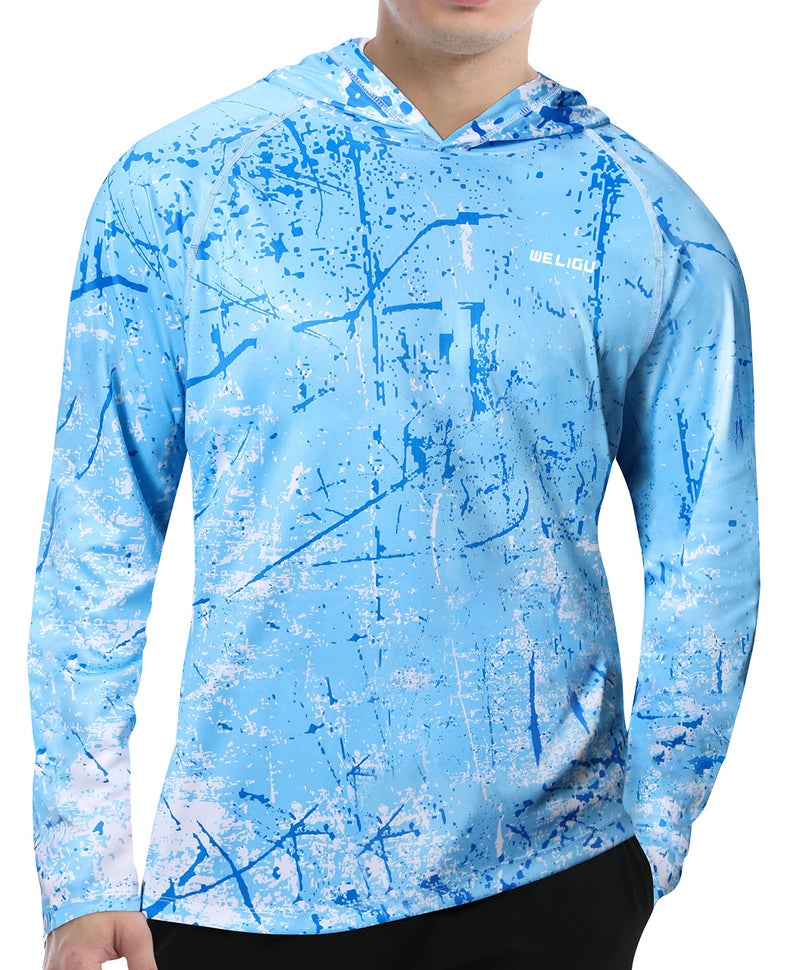 WELIGU Men's UPF 50+ Sun Protection Hoodie Shirt Long Sleeve SPF Fishing Outdoor UV Hiking Shirts Lightweight Ocean Blue Large - Image 1
