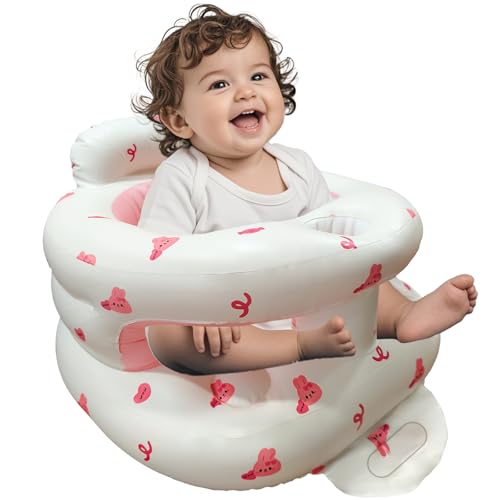 TOSXW Inflatable Baby Seat for Babies 3-36 Months, Baby Chair with Fence & Built in Air Pump, Blow Up Floor Baby Seat with Back Support, Inflatable Baby Chair Sit Me Up for Home, Travel Pink Rabbit Fence - Image 1