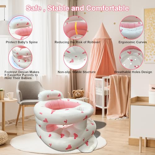 TOSXW Inflatable Baby Seat for Babies 3-36 Months, Baby Chair with Fence & Built in Air Pump, Blow Up Floor Baby Seat with Back Support, Inflatable Baby Chair Sit Me Up for Home, Travel Pink Rabbit Fence - Image 3