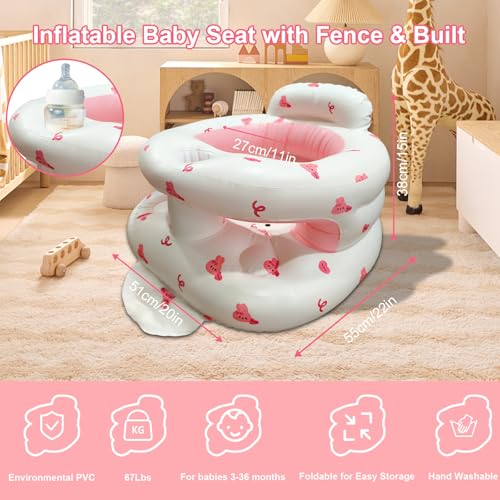 TOSXW Inflatable Baby Seat for Babies 3-36 Months, Baby Chair with Fence & Built in Air Pump, Blow Up Floor Baby Seat with Back Support, Inflatable Baby Chair Sit Me Up for Home, Travel Pink Rabbit Fence - Image 2