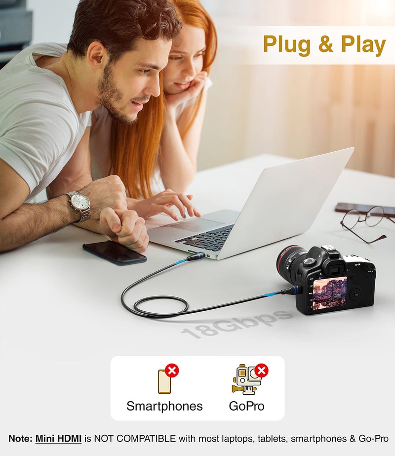 BlueRigger كابل BlueRigger Mini HDMI إلى HDMI (10 قدم، 4K 60Hz HDR، كابل HDMI 2.0 عالي السرعة ثنائي الاتجاه، إيثرنت، عودة الصوت) متوافق مع كاميرا DSLR، كاميرا فيديو، بطاقة رسومات/فيديو، Raspberry Pi Zero W - Image 3