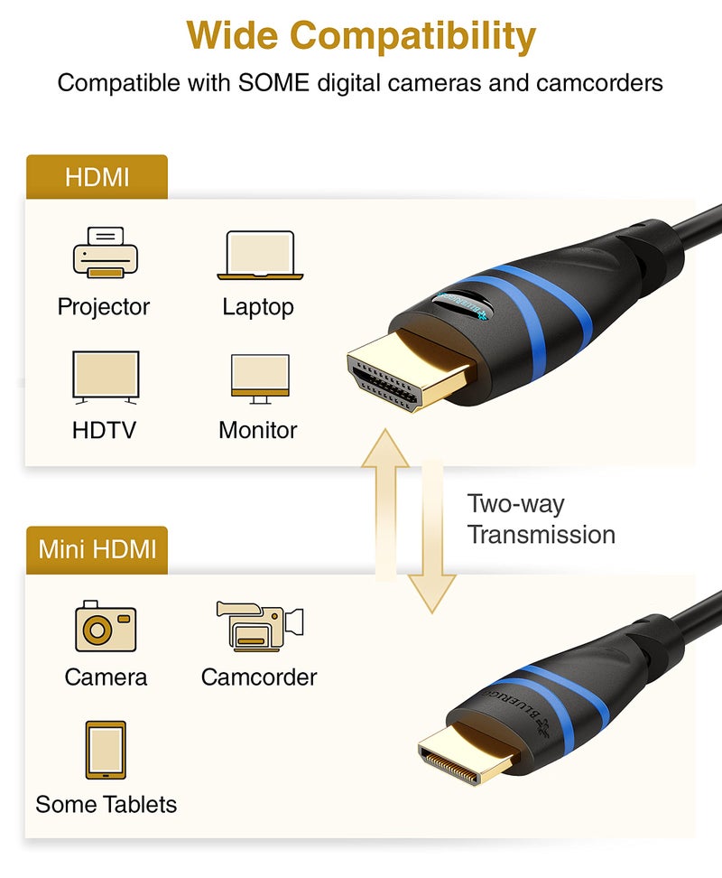 BlueRigger كابل BlueRigger Mini HDMI إلى HDMI (10 قدم، 4K 60Hz HDR، كابل HDMI 2.0 عالي السرعة ثنائي الاتجاه، إيثرنت، عودة الصوت) متوافق مع كاميرا DSLR، كاميرا فيديو، بطاقة رسومات/فيديو، Raspberry Pi Zero W - Image 2