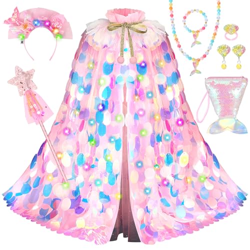 LIMIROLER Mermaid Toys Princess Dress Up Clothes Light Up Girls Dress Up Princess Cape 9 PCS Gift Set for Little Girls 38 Years Old Pink - Image 1
