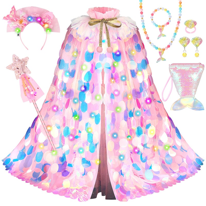 LIMIROLER Mermaid Toys Princess Dress Up Clothes Light Up Girls Dress Up Princess Cape 9 PCS Gift Set for Little Girls 38 Years Old Pink - Image 2