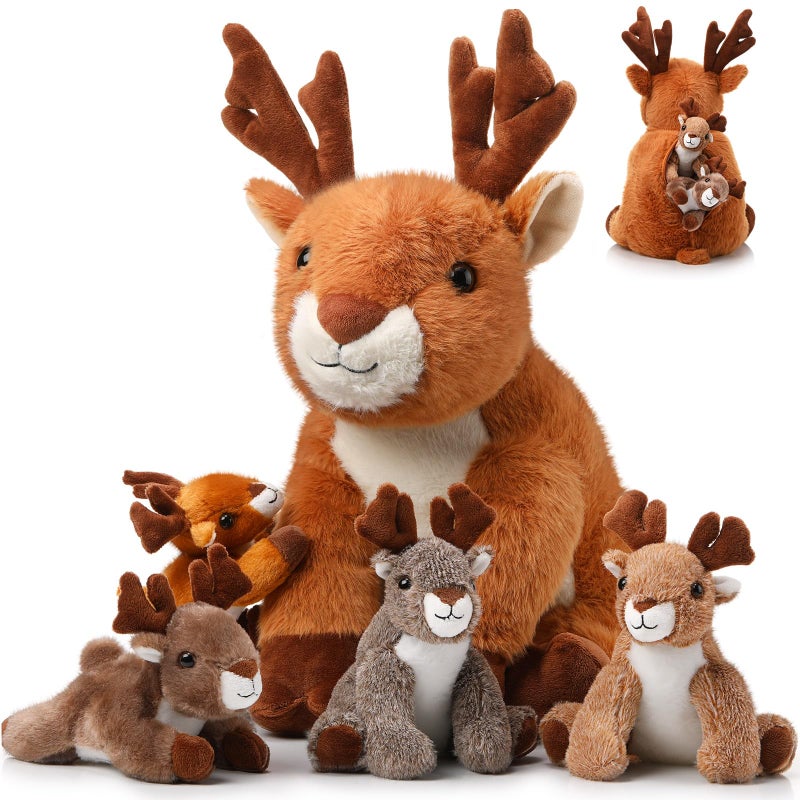 Poen Plush Deer Stuffed Animal Set 16 Inch Cuddly Mommy Deer Plush with 4 Cute Little Plushes in Her Zippered Tummy for Kids Birthday Baby Shower Decor Gift Woodland Party FavorsSitting - Image 3