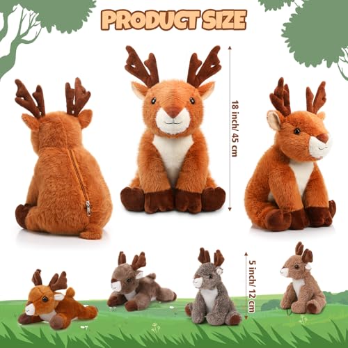Poen Plush Deer Stuffed Animal Set 16 Inch Cuddly Mommy Deer Plush with 4 Cute Little Plushes in Her Zippered Tummy for Kids Birthday Baby Shower Decor Gift Woodland Party FavorsSitting - Image 5