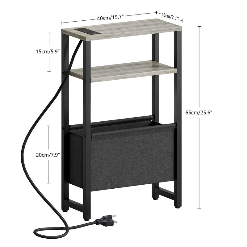 IRCPEN Narrow Side Table with Charging Station Slim End Table Sofa with Magazine Rack, Bedside Table for Small Spaces, 3 Tier Nightstand for Living Room Couch, Bedroom Oak Grey LET503QE - Image 3