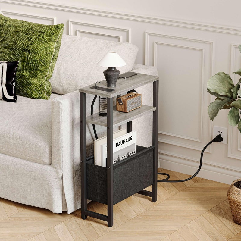 IRCPEN Narrow Side Table with Charging Station Slim End Table Sofa with Magazine Rack, Bedside Table for Small Spaces, 3 Tier Nightstand for Living Room Couch, Bedroom Oak Grey LET503QE - Image 2