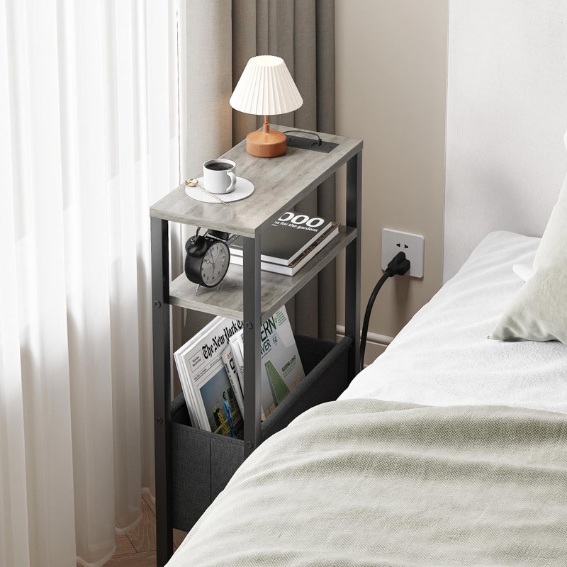 IRCPEN Narrow Side Table with Charging Station Slim End Table Sofa with Magazine Rack, Bedside Table for Small Spaces, 3 Tier Nightstand for Living Room Couch, Bedroom Oak Grey LET503QE - Image 5