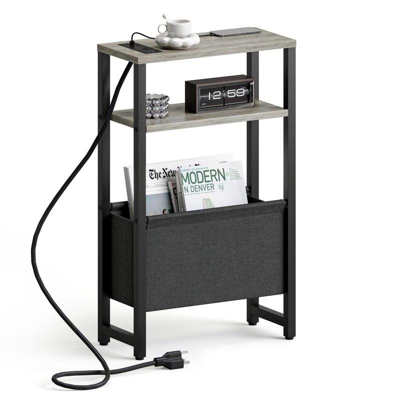 IRCPEN Narrow Side Table with Charging Station Slim End Table Sofa with Magazine Rack, Bedside Table for Small Spaces, 3 Tier Nightstand for Living Room Couch, Bedroom Oak Grey LET503QE - Image 1