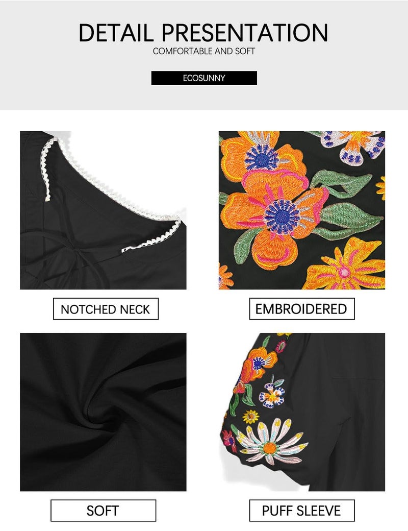 Ecosunny Women's Boho Embroidered Tops V Neck Floral Short Puff Sleeve Casual Shirts Loose Tunic Summer Blouses Fashion 2026 A-black - Image 5