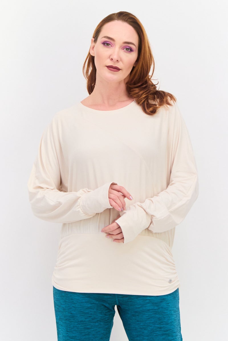 Tahari بلوزة رياضية نسائية بأكمام طويلة بسيطة، بيضاء فاتحة - Image 1