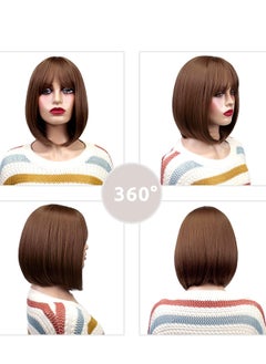 Excefore Short Bob Wigs With Bangs Brown Straight Hair Daily Costume Wig For Women Soft Heat Resistant Fiber Synthetic Hair Replacement Wig Fashion Wig Hair For Girls Women Daily Use 12 Inch  - Image 2
