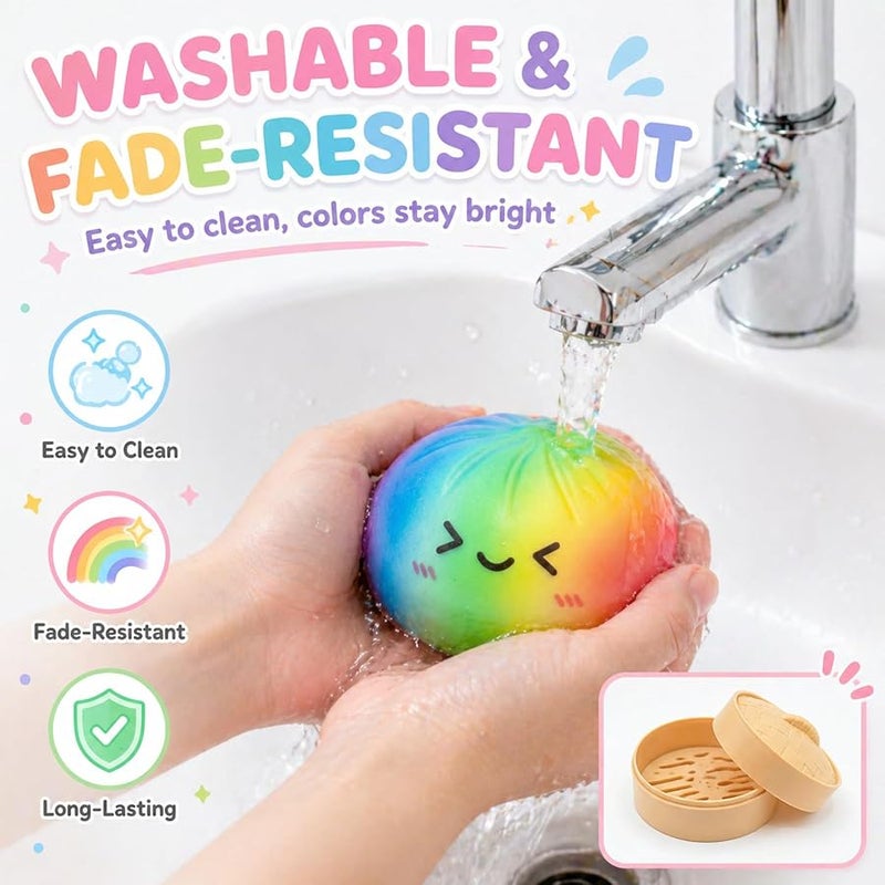 Rainbow Dumpling Squishies Stress Balls, Colorful Squishies Dumpling Fidget Sensory Toy with Food Steamer, Squeeze Dough Ball for Stress Relief, Stretchy Desk Toys Gift - Image 4