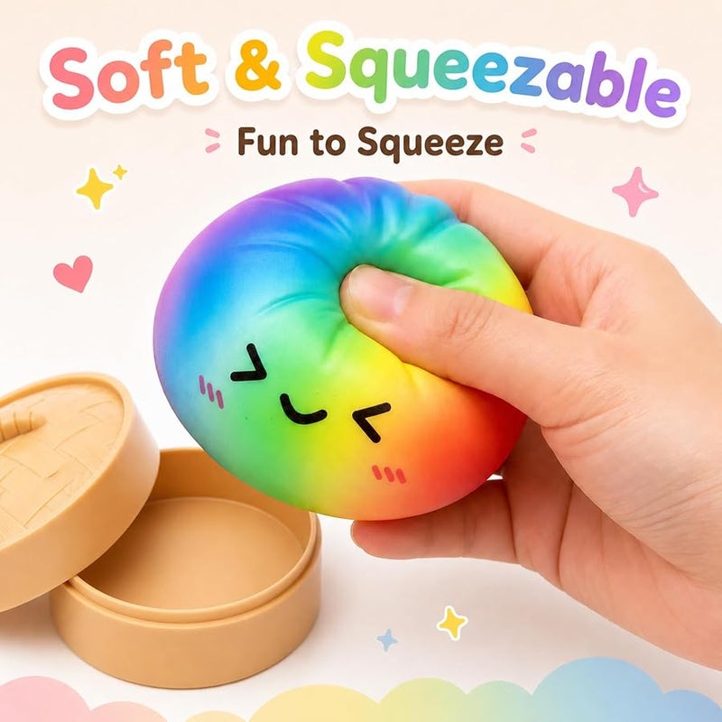 Rainbow Dumpling Squishies Stress Balls, Colorful Squishies Dumpling Fidget Sensory Toy with Food Steamer, Squeeze Dough Ball for Stress Relief, Stretchy Desk Toys Gift - Image 2
