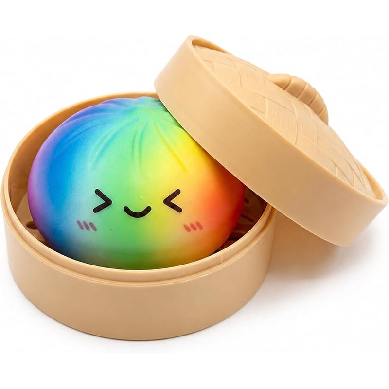 Rainbow Dumpling Squishies Stress Balls, Colorful Squishies Dumpling Fidget Sensory Toy with Food Steamer, Squeeze Dough Ball for Stress Relief, Stretchy Desk Toys Gift - Image 1