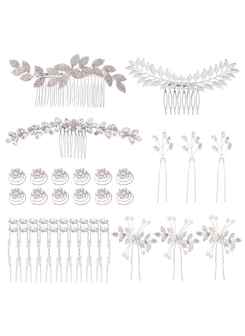 Cinaci Cinaci 41 Pack Sparkly Silver Rhinestone Leaf Flower Pearl Bridal Hair Side CombsUshaped  Twist Hair Pins Clips Barrettes Wedding Headpieces Accessories for Women Girls Brides Bridesmaids 