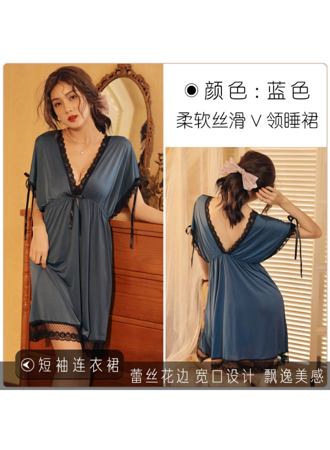Plus Size V-Neck Ice Silk Nightdress – Short Length, Slimming