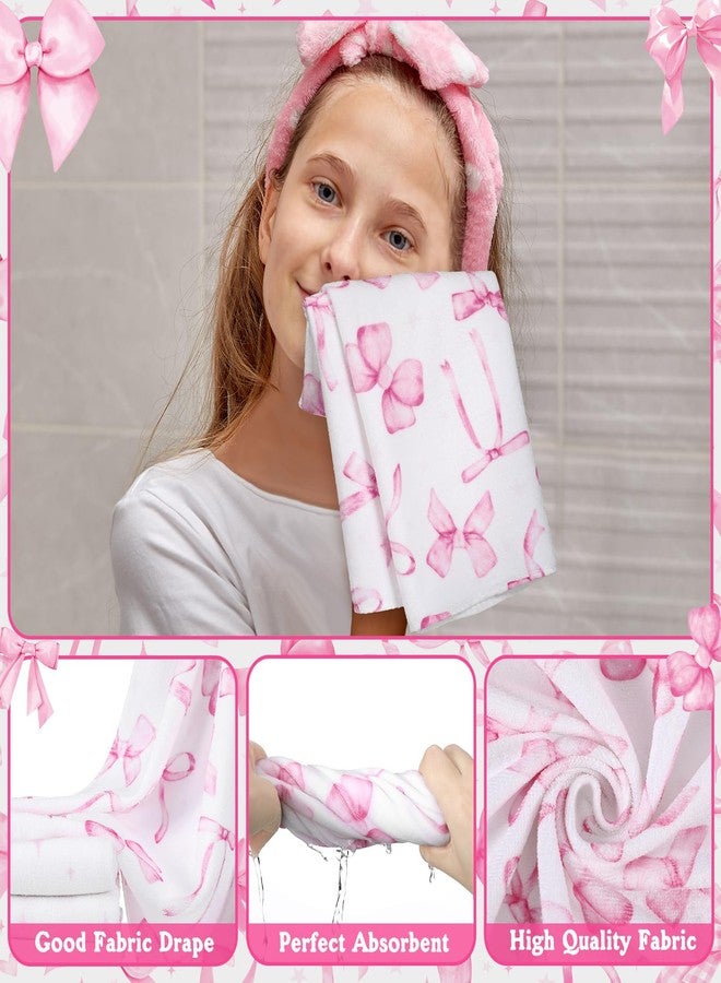 FuWeave طقم ستائر حمام FuWeave مكون من 8 قطع مزينة بفيونكات وردية اللون، مثالي لتزيين الحمام. إكسسوارات حمام أنيقة وجذابة، طقم ستائر حمام مزين بفيونكات، يتضمن مناشف، سجادة حمام، سجادات مرحاض، و12 خطافًا. - Image 4