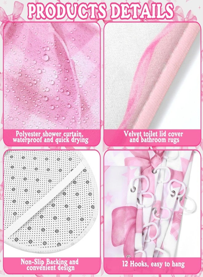 FuWeave طقم ستائر حمام FuWeave مكون من 8 قطع مزينة بفيونكات وردية اللون، مثالي لتزيين الحمام. إكسسوارات حمام أنيقة وجذابة، طقم ستائر حمام مزين بفيونكات، يتضمن مناشف، سجادة حمام، سجادات مرحاض، و12 خطافًا. - Image 3
