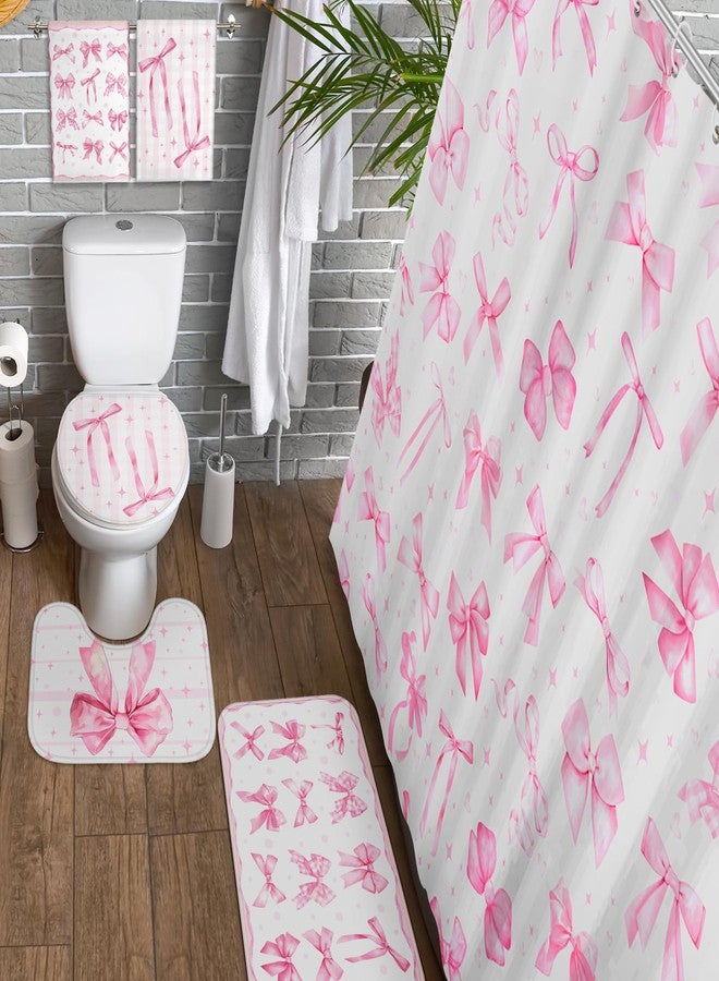 FuWeave طقم ستائر حمام FuWeave مكون من 8 قطع مزينة بفيونكات وردية اللون، مثالي لتزيين الحمام. إكسسوارات حمام أنيقة وجذابة، طقم ستائر حمام مزين بفيونكات، يتضمن مناشف، سجادة حمام، سجادات مرحاض، و12 خطافًا. - Image 5