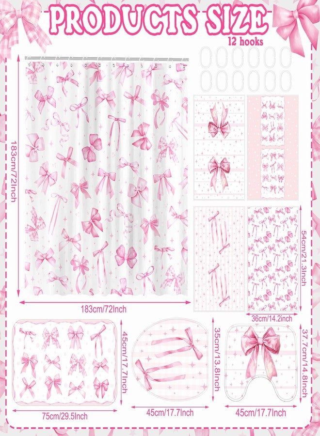 FuWeave طقم ستائر حمام FuWeave مكون من 8 قطع مزينة بفيونكات وردية اللون، مثالي لتزيين الحمام. إكسسوارات حمام أنيقة وجذابة، طقم ستائر حمام مزين بفيونكات، يتضمن مناشف، سجادة حمام، سجادات مرحاض، و12 خطافًا. - Image 2