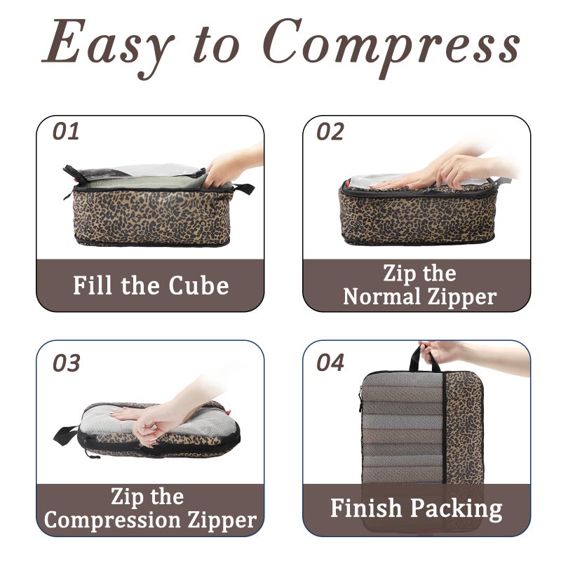 U+U 6 Set Compression Packing Cubes - Ultralight Travel Organizers with Laundry Bag, Space-Saving Suitcase Organizer, Expandable Packing Cubes for Travel, Business Trip and Family Vacation (Leopard) - Image 4