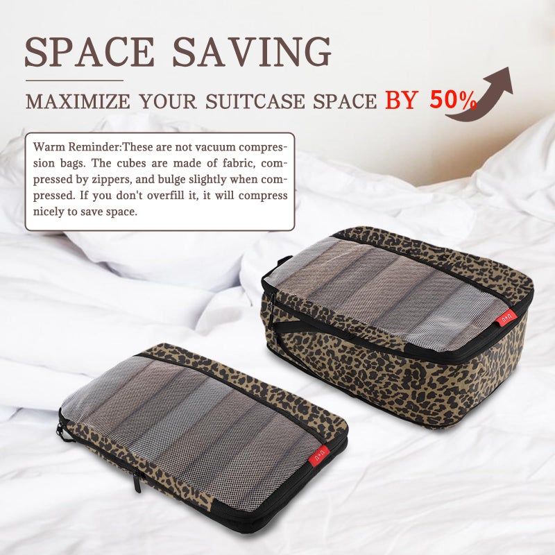 U+U 6 Set Compression Packing Cubes - Ultralight Travel Organizers with Laundry Bag, Space-Saving Suitcase Organizer, Expandable Packing Cubes for Travel, Business Trip and Family Vacation (Leopard) - Image 3