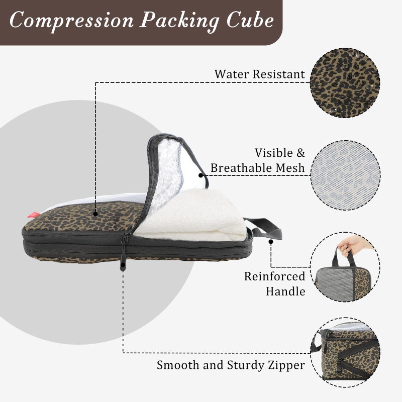 U+U 6 Set Compression Packing Cubes - Ultralight Travel Organizers with Laundry Bag, Space-Saving Suitcase Organizer, Expandable Packing Cubes for Travel, Business Trip and Family Vacation (Leopard) - Image 2