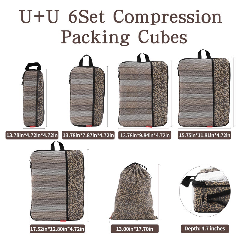 U+U 6 Set Compression Packing Cubes - Ultralight Travel Organizers with Laundry Bag, Space-Saving Suitcase Organizer, Expandable Packing Cubes for Travel, Business Trip and Family Vacation (Leopard) - Image 5