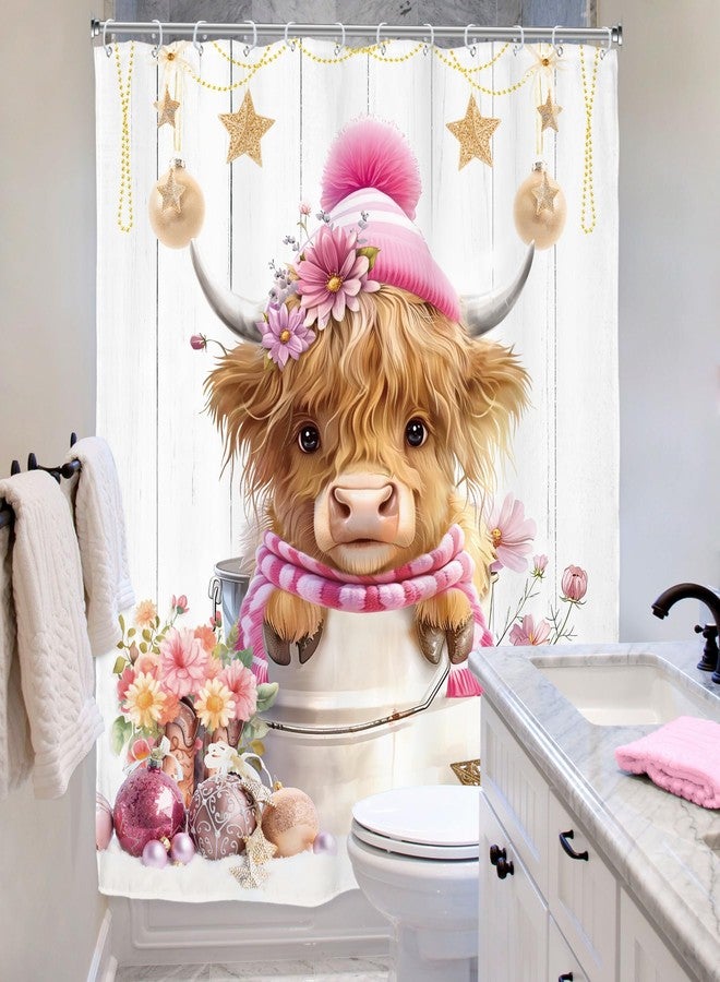 ريديكور ستارة حمام من رييديكور بتصميم بقرة هايلاند لعيد الميلاد، مقاس 72 بوصة عرض × 72 بوصة ارتفاع، لون وردي، بنمط ريفي غربي لطيف، مصنوعة من قماش بوليستر مقاوم للماء، مع 12 خطافًا بلاستيكيًا. - Image 4