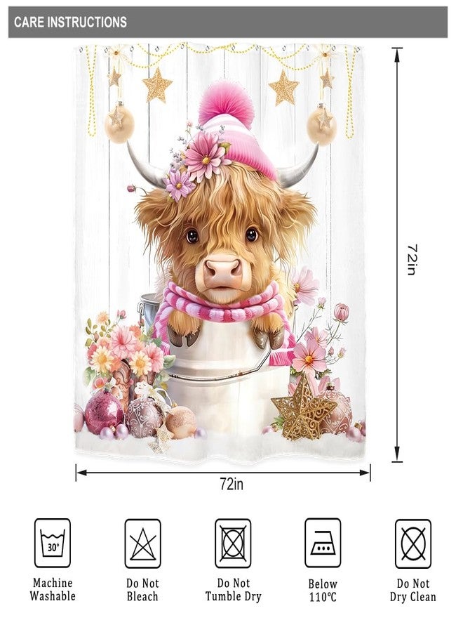 ريديكور ستارة حمام من رييديكور بتصميم بقرة هايلاند لعيد الميلاد، مقاس 72 بوصة عرض × 72 بوصة ارتفاع، لون وردي، بنمط ريفي غربي لطيف، مصنوعة من قماش بوليستر مقاوم للماء، مع 12 خطافًا بلاستيكيًا. - Image 5