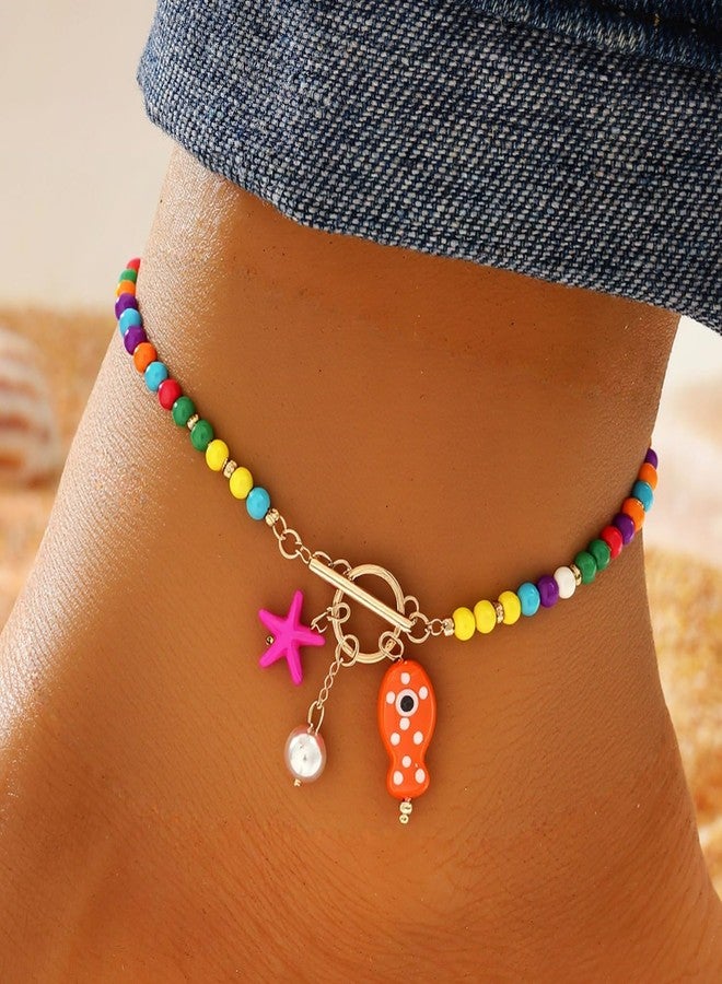 KURTCB Starfish Fish Ankle Bracelets for Women Boho Coastal Hawaiian Colorful Beaded Pearl Toggle Anklet Bracelet Summer Beachy Jewelry(Colorful Anklet) - Image 4