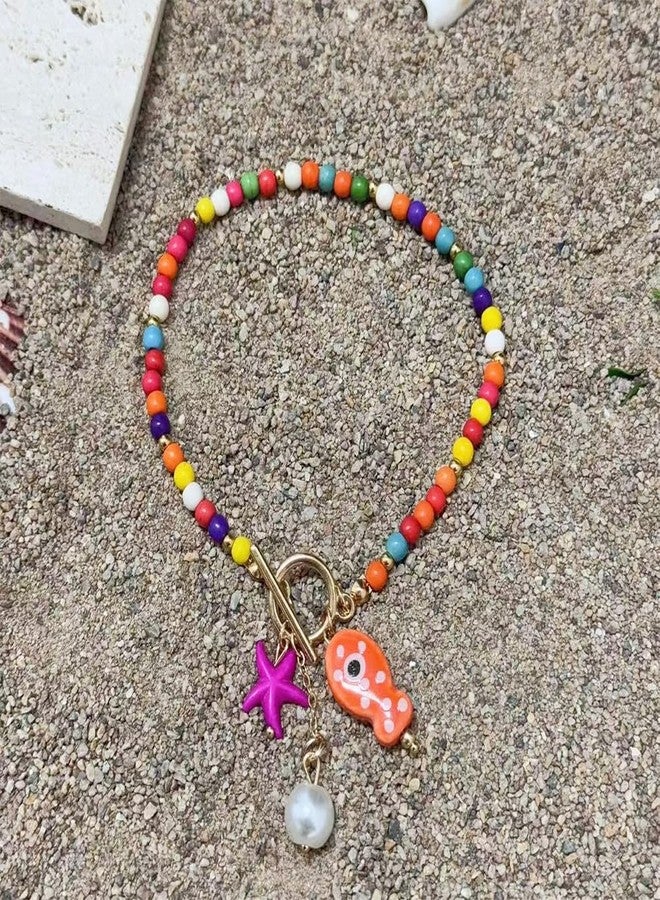 KURTCB Starfish Fish Ankle Bracelets for Women Boho Coastal Hawaiian Colorful Beaded Pearl Toggle Anklet Bracelet Summer Beachy Jewelry(Colorful Anklet) - Image 2