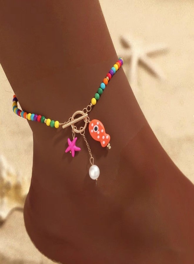 KURTCB Starfish Fish Ankle Bracelets for Women Boho Coastal Hawaiian Colorful Beaded Pearl Toggle Anklet Bracelet Summer Beachy Jewelry(Colorful Anklet) - Image 5