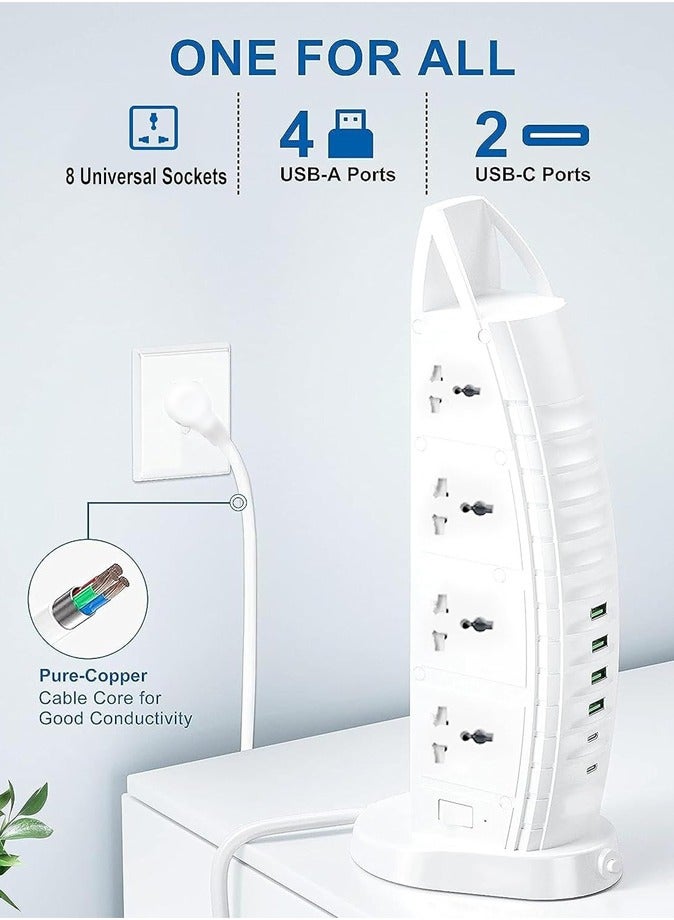 سلك تمديد برج المراكب الشراعية (موديل برج) 8 منافذ تيار متردد 6 USB (2 نوع C و4 منافذ USB) l مقبس متعدد التوصيل 3.6 أمبير l طول 5 متر l 2 مفتاح رئيسي l قطاع طاقة عمودي - Image 2