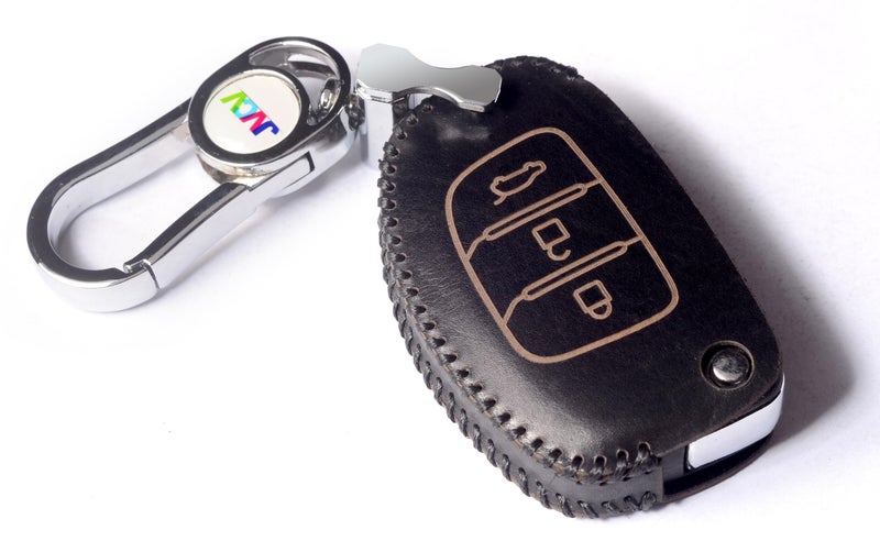 JVCV® Car Styling Soft Handmade Leather Key Cover Compatible with Hyundai Creta Venue Exter Aura Elite i20 Grand i10 Nios Xcent 3 Button Flip Key - Check Key Type Before Ordering (Brown) - Image 1