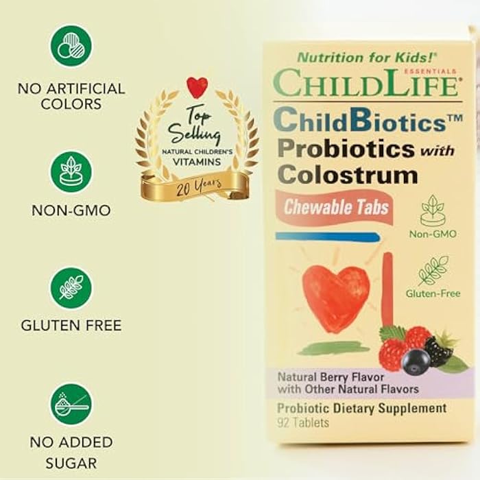 ChildLife Essentials ChildBiotics with Colostrum - Probiotics for Kids & for Digestive Health, Chewable Children's Probiotic, Colostrum for Kids, Gluten Free - Natural Berry Flavor, 92 Tablets - Image 4