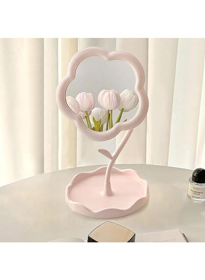 Bhujry Bhujry Flower Shaped Makeup Mirror Rotatable Makeup Mirror with Tray Table Vanity Mirror Cute Flower Shaped Mirror for Tabletop Bedroom Bathroom Living Room Multicolour  - Image 1