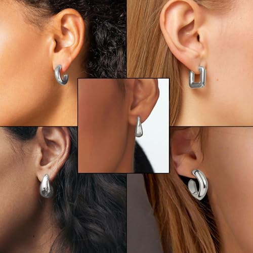 VAMA FASHIONS 5 Pairs Trendy Hypoallergenic Silver Plated Chunky Thick Open Hoop Huggies Stud Tear Drop Lightweight Ear Earrings Set for Women & Girls - Image 5