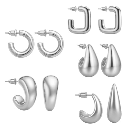 VAMA FASHIONS 5 Pairs Trendy Hypoallergenic Silver Plated Chunky Thick Open Hoop Huggies Stud Tear Drop Lightweight Ear Earrings Set for Women & Girls - Image 1