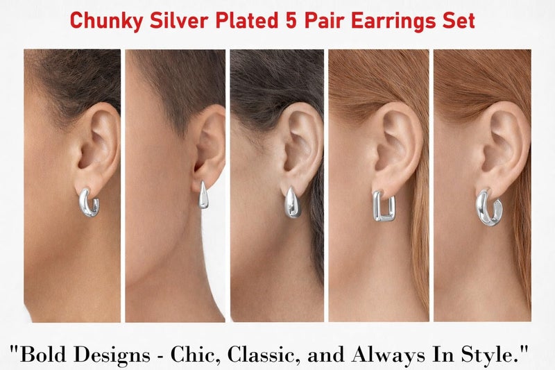 VAMA FASHIONS 5 Pairs Trendy Hypoallergenic Silver Plated Chunky Thick Open Hoop Huggies Stud Tear Drop Lightweight Ear Earrings Set for Women & Girls - Image 2