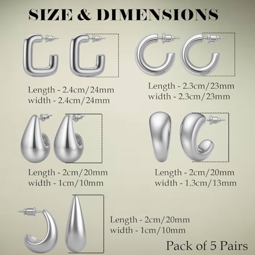 VAMA FASHIONS 5 Pairs Trendy Hypoallergenic Silver Plated Chunky Thick Open Hoop Huggies Stud Tear Drop Lightweight Ear Earrings Set for Women & Girls - Image 3