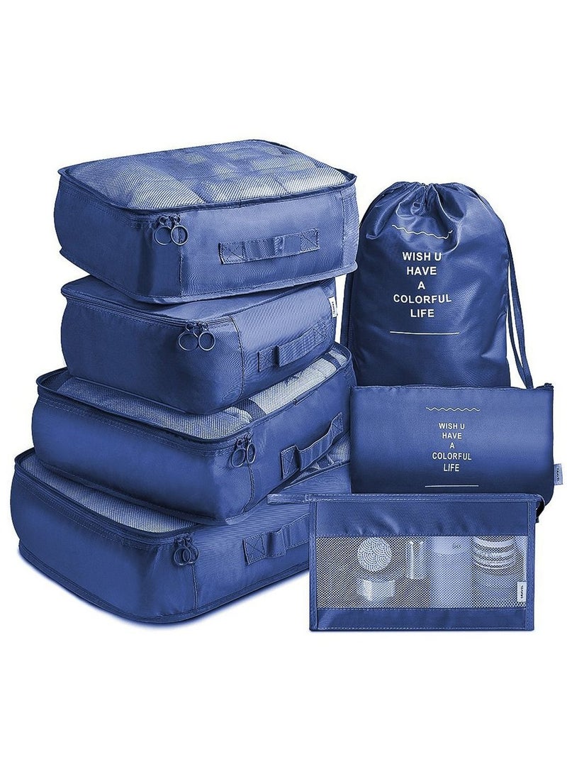 عربست حقائب توضيب، 7 أطقم حقائب تخزين للملابس أثناء السفر، حقائب خفيفة الوزن لتوضيب الأمتعة أثناء السفر، منظمي حقائب السفر لفرز الملابس، إكسسوارات السفر (أزرق غامق) - Image 1